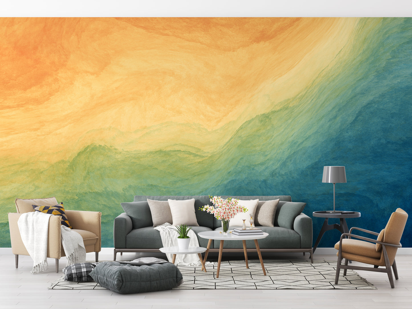 Blue & Yellow Watercolor Ombre Wallpaper Mural