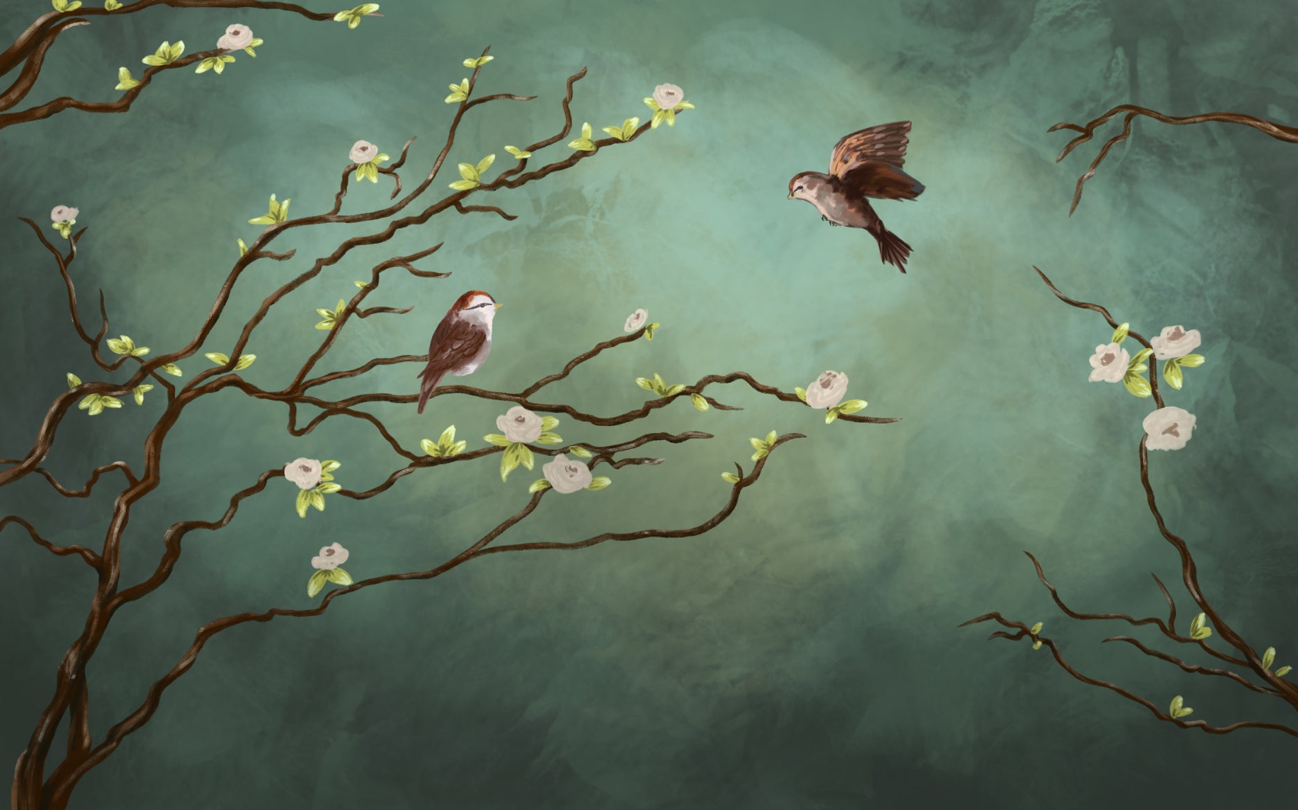 Sparrow and Blossom Wall Mural