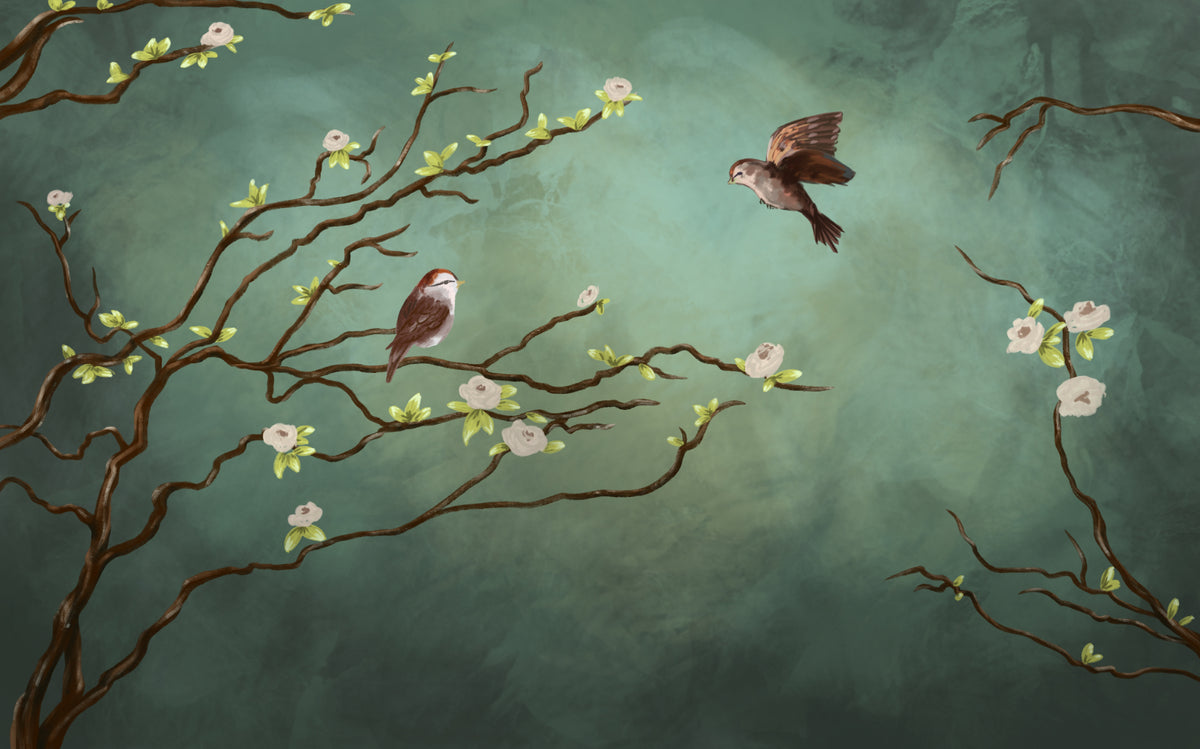 Sparrow and Blossom Wall Mural in your room — zoomed