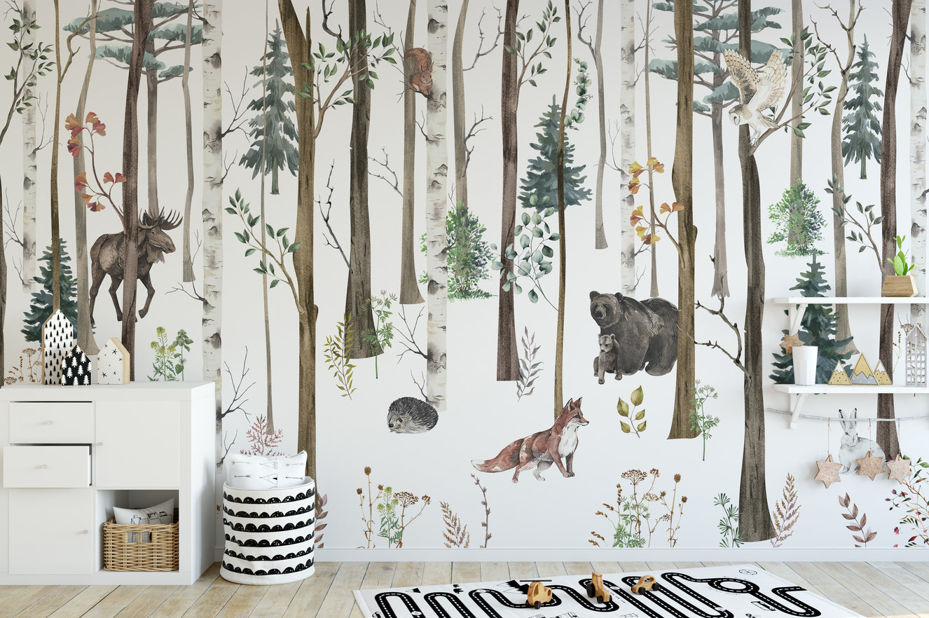 Fox & Bear in Snow Forest Wallpaper Mural