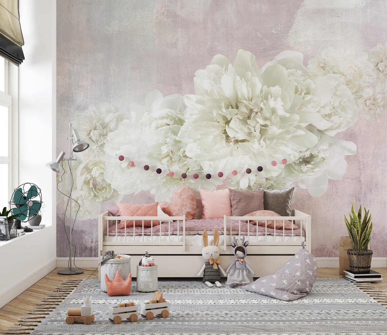 White peonies pink mural