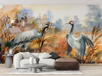 Autumn watercolor mural with crane birds