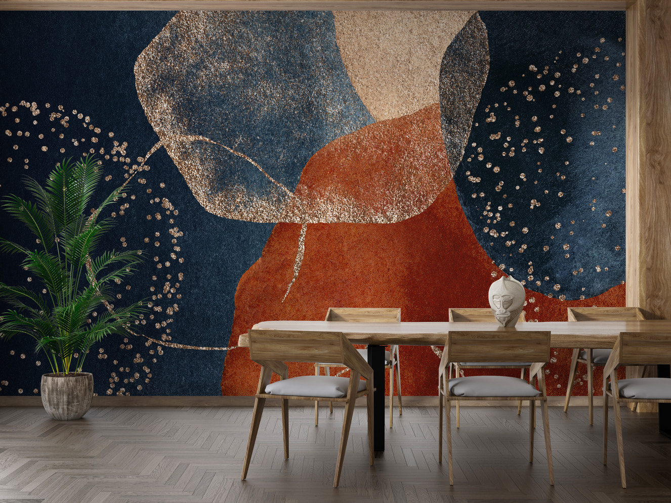 Elegant navy terracotta wall mural design

