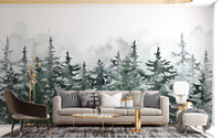 Scandinavian pine forest mural in soft green mist tones