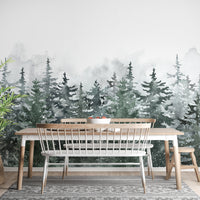 Misty green pine trees wallpaper for nature-inspired rooms
