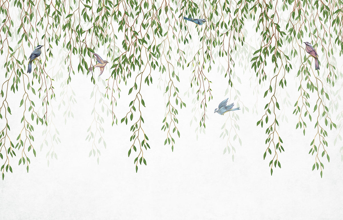 Willow Branches & Birds Wallpaper Mural in your room — zoomed