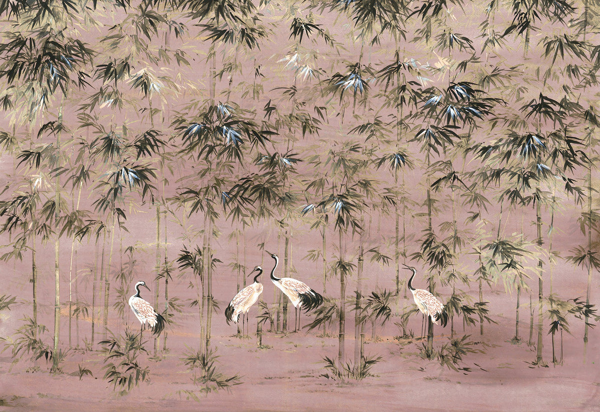 Pink Color with White Crane Wallpaper Mural