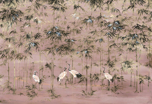 Pink Color with White Crane Wallpaper Mural