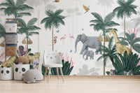 Fun safari wallpaper with tropical plants and animals.
