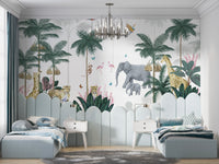 Kids' room wallpaper featuring a tropical safari landscape.
