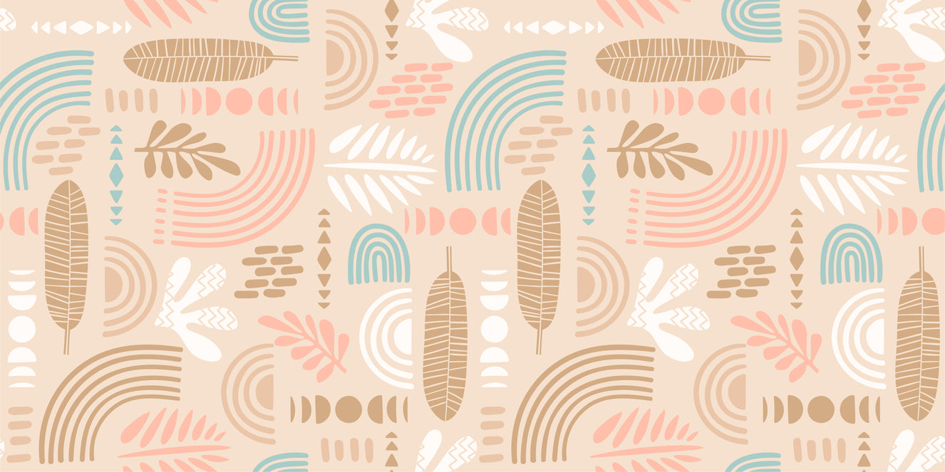 Abstract Leaves and Geometric Shapes Beige Color Wallpaper