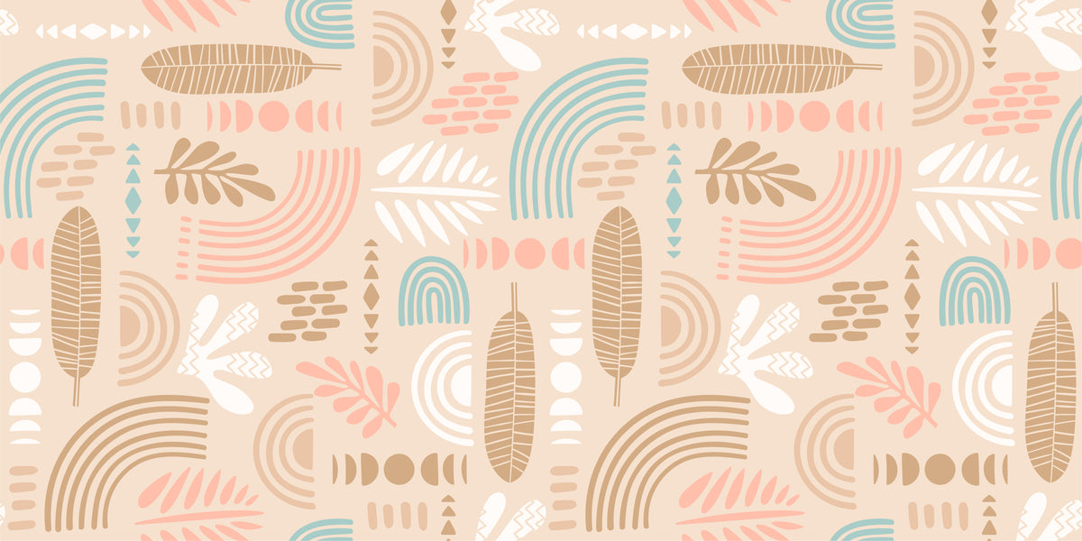 Abstract Leaves and Geometric Shapes Beige Color Wallpaper in your room — zoomed