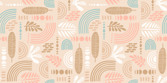 Abstract Leaves and Geometric Shapes Beige Color Wallpaper