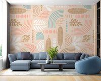 Beige Geometric Shapes and Leaves Wallpaper for Walls