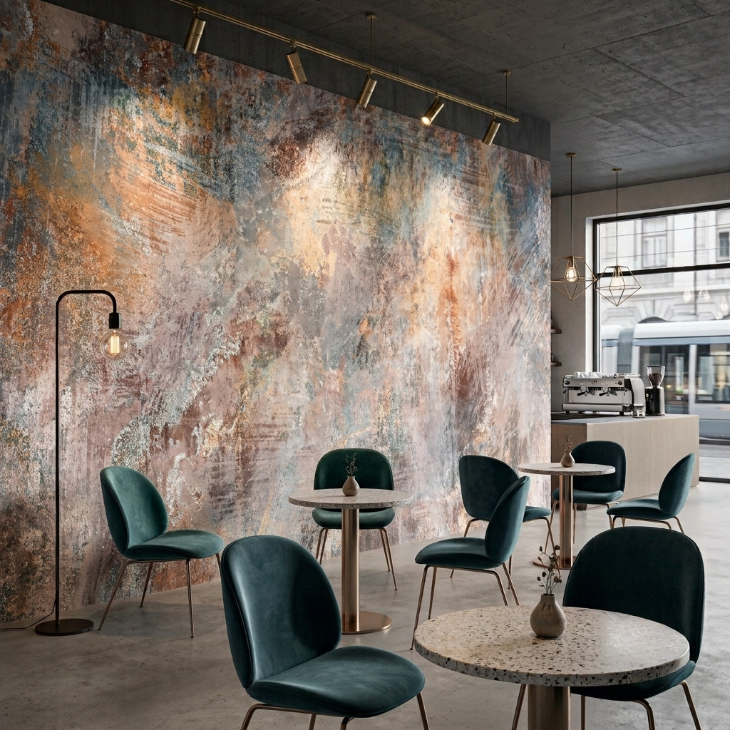 Old Rustic Concrete Stone Wall Mural with a green plant in a modern cafe area.