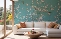 Elegant Pink Flowers on Blue Background Wallpaper Mural