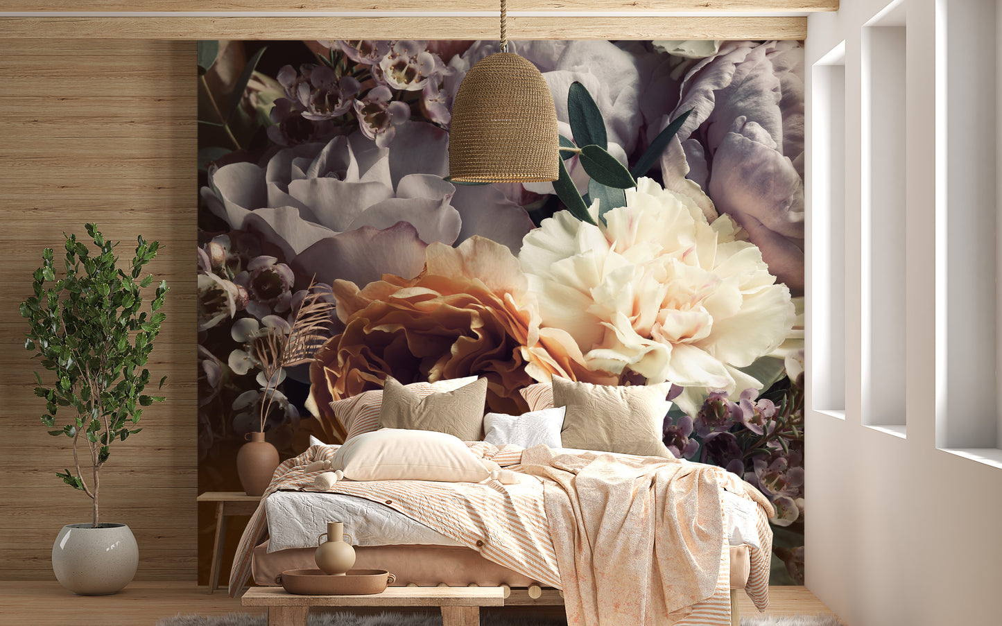 Botanical wallpaper mural featuring dark floral bouquet