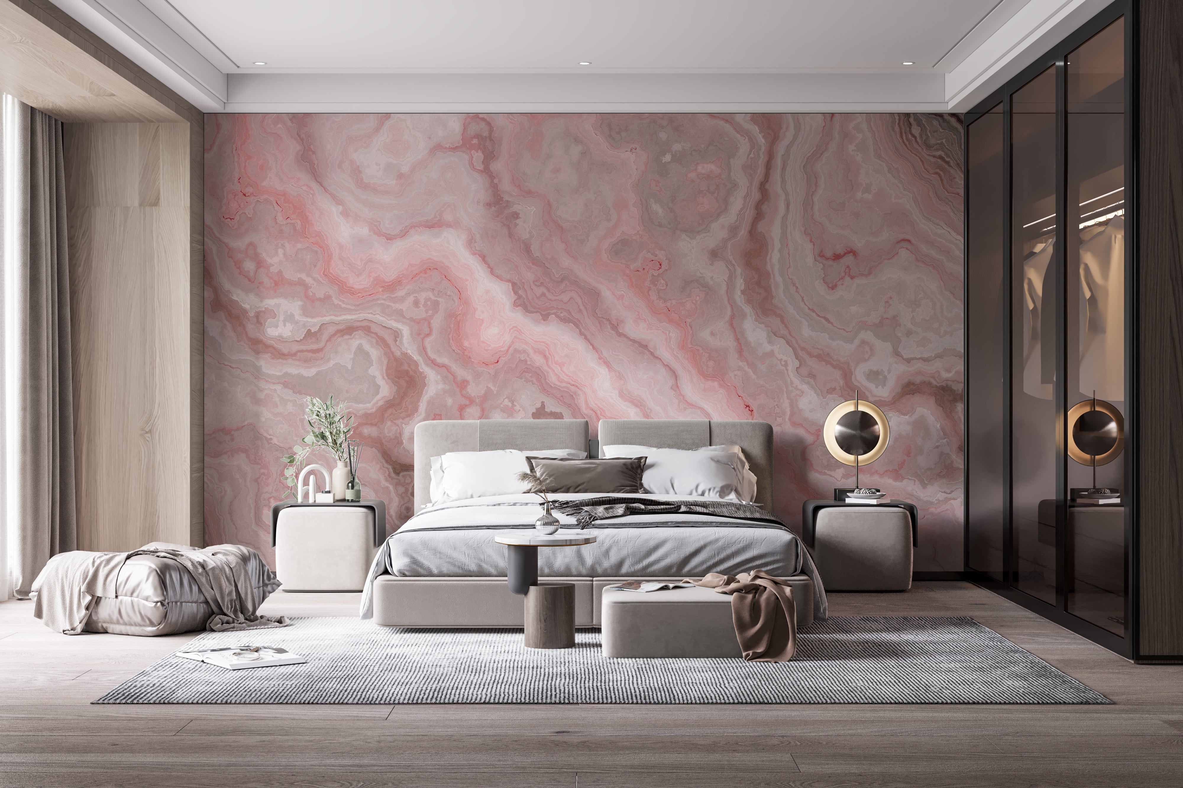 Modern pink onyx marble mural with abstract design elements