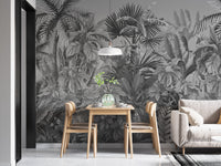 Smokey grey wallpaper mural with tropical forest design