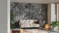 Elegant tropical forest mural with smokey grey tones