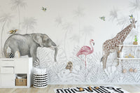 Playful safari animals wallpaper for a jungle-inspired room