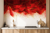 Golden border mural with vibrant red watercolor background