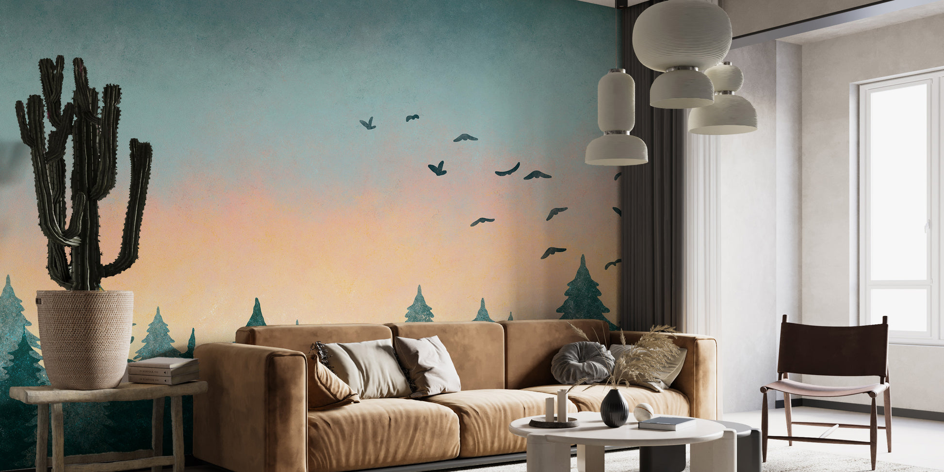 Tropical paradise wallpaper with vibrant watercolor sunset.
