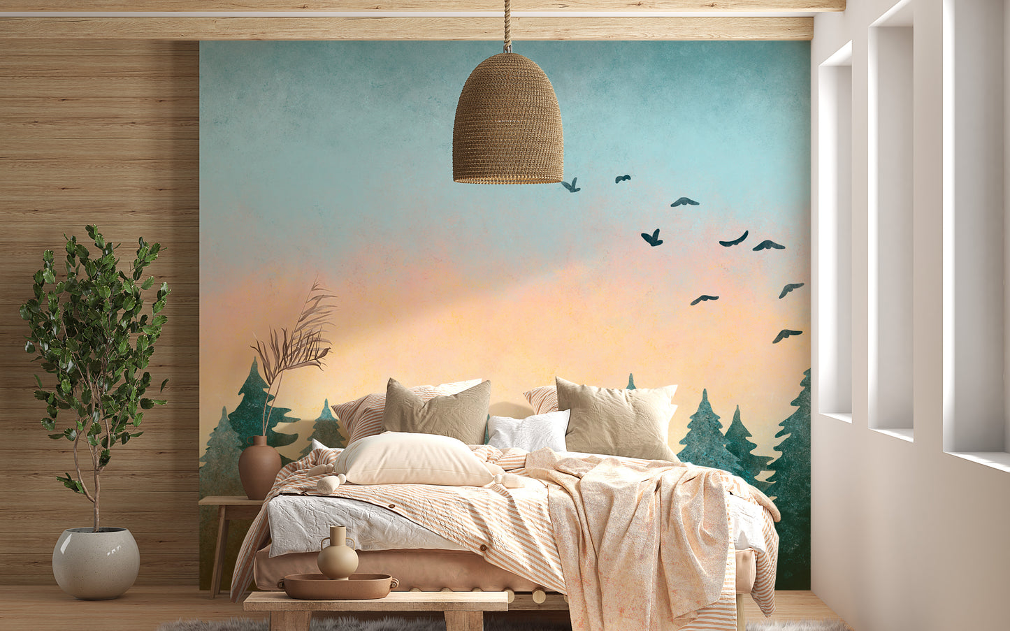 Scenic tropical sunset with lush foliage mural design.
