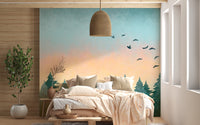Scenic tropical sunset with lush foliage mural design.
