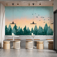Lush tropical scene with a serene sunset mural design.
