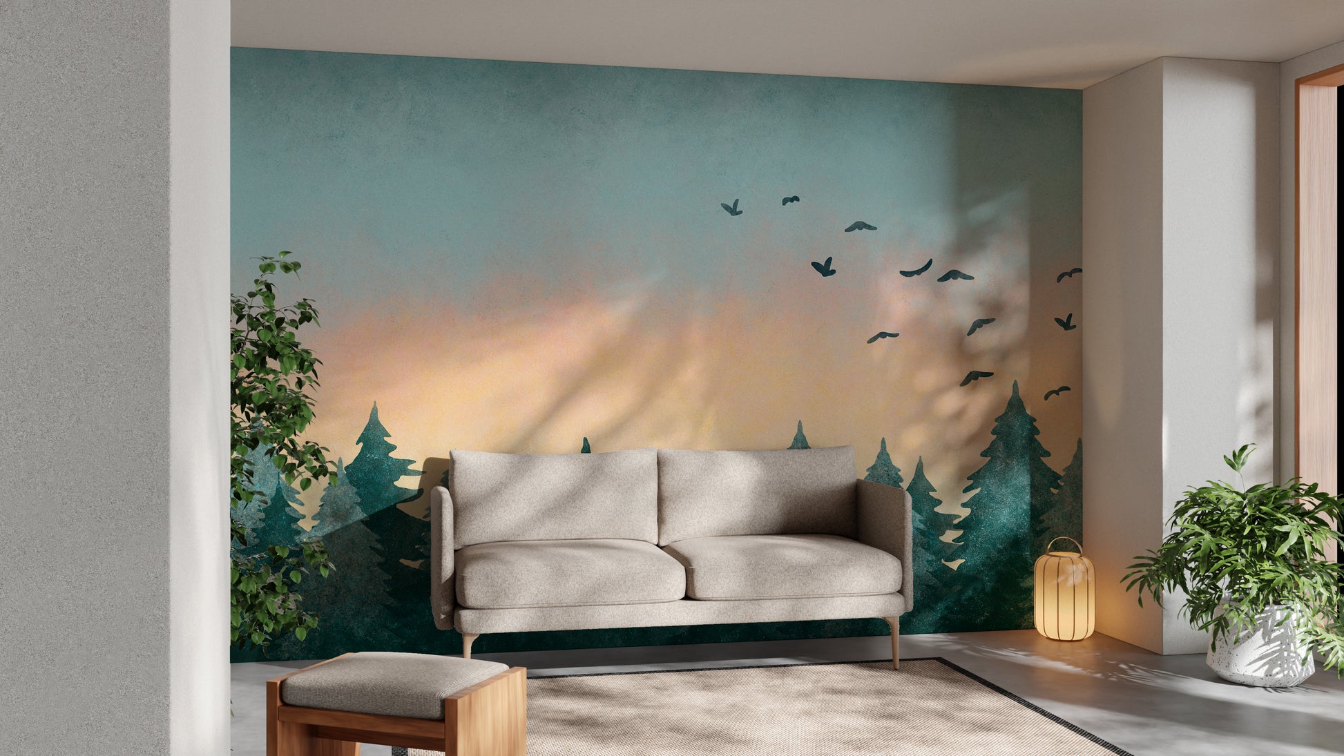 Tropical sunset wallpaper with watercolor artistic touch.
