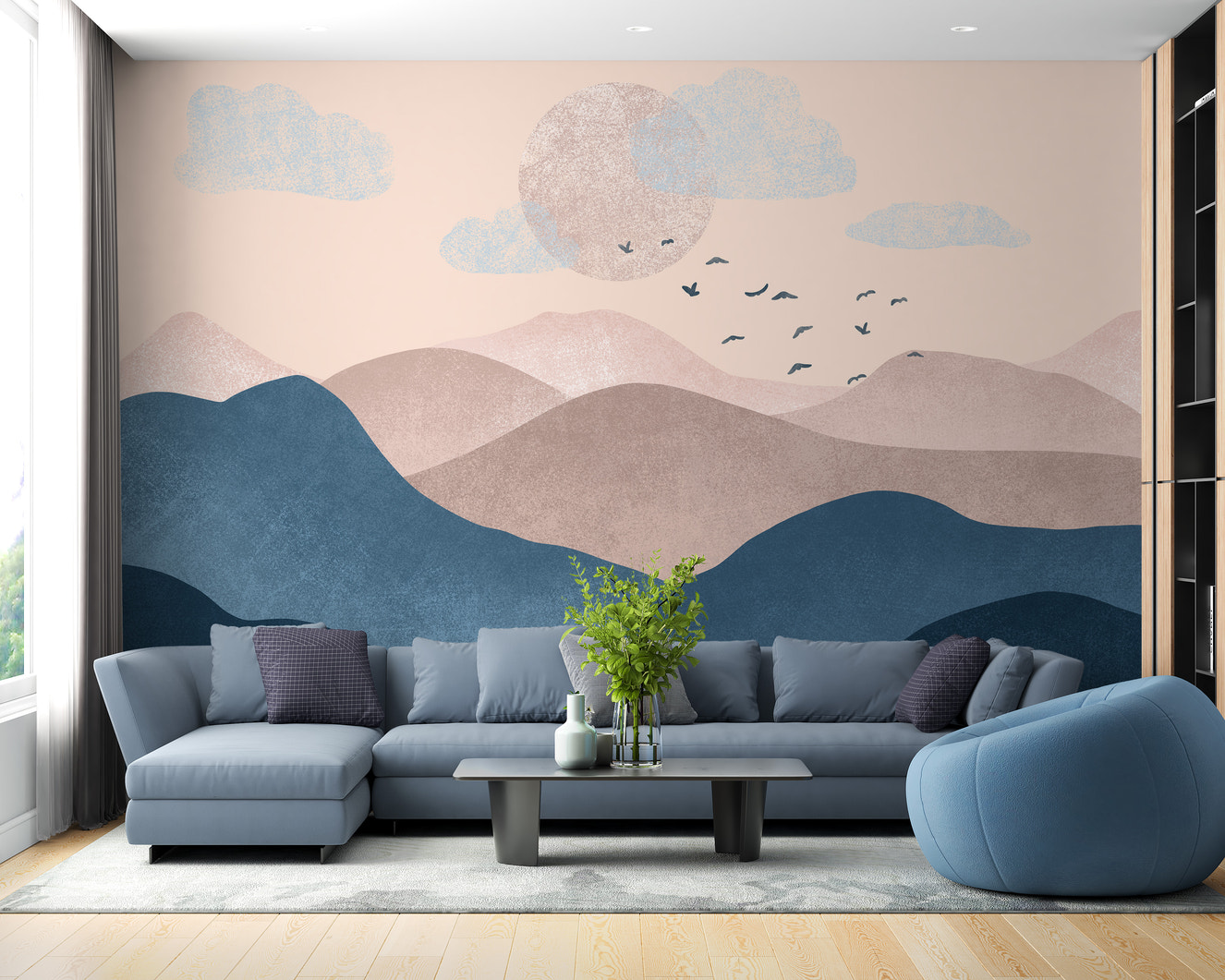 Soft pastel mountain mural for serene and calming walls.
