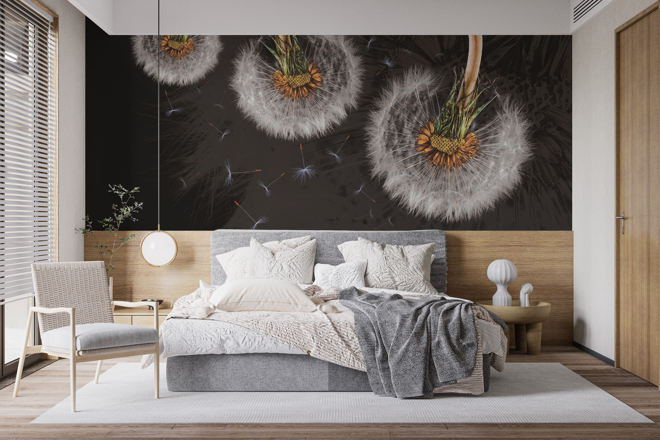 Floating dandelion blooms mural for elegant wall decor.