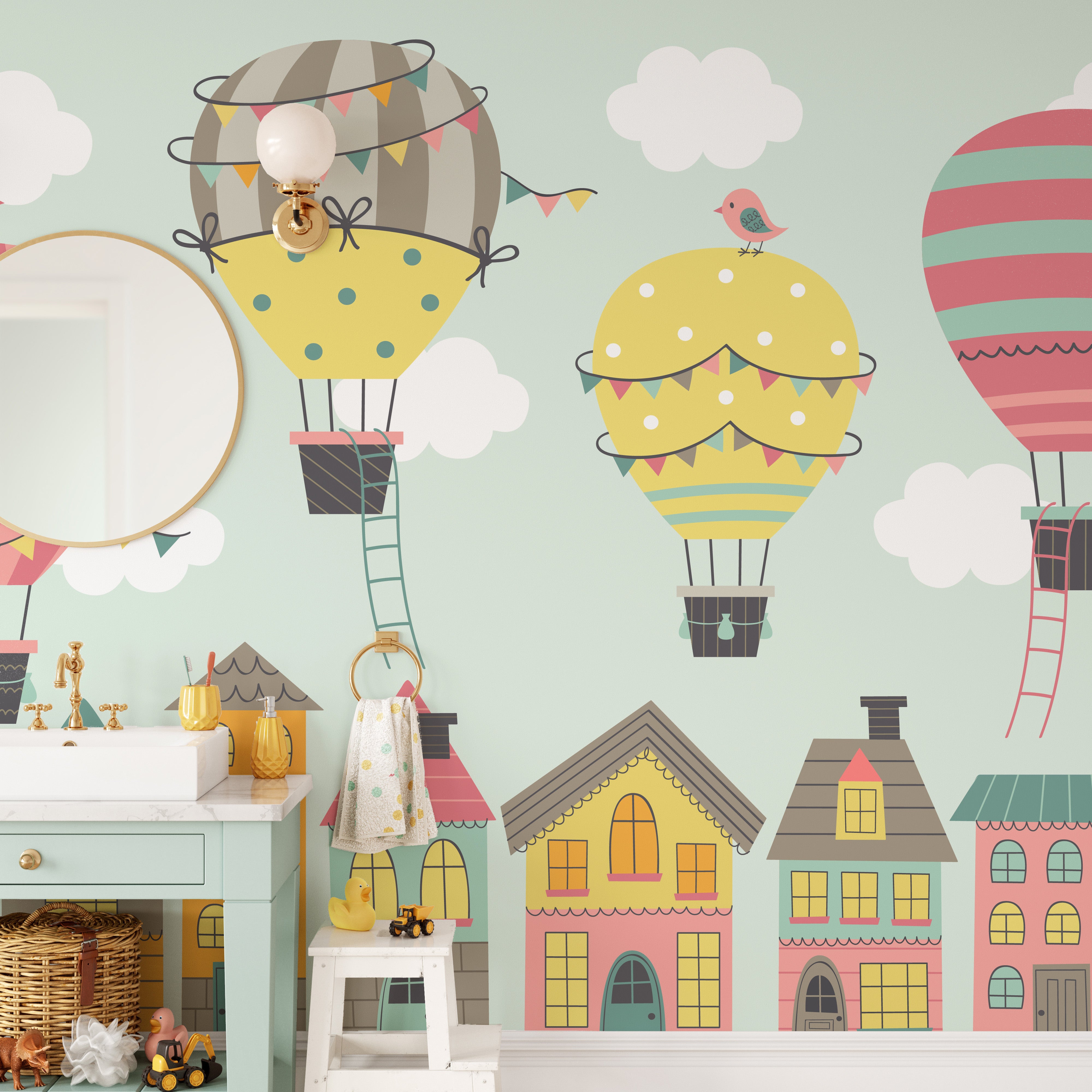 Balloons of imagination mural for creative kids' spaces.
