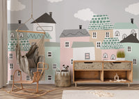 Serene neighborhood scene mural for modern wall designs.
