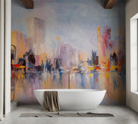 Sleek metropolitan mural with shimmering urban reflections.
