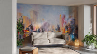 Vibrant metropolitan wall mural with reflective cityscapes.
