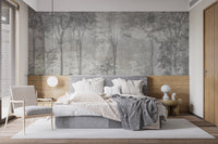 Enchanting mystical forest mural with lush green foliage.
