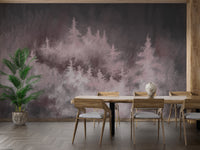 Elegant woodland wall mural featuring rose-hued scenery.