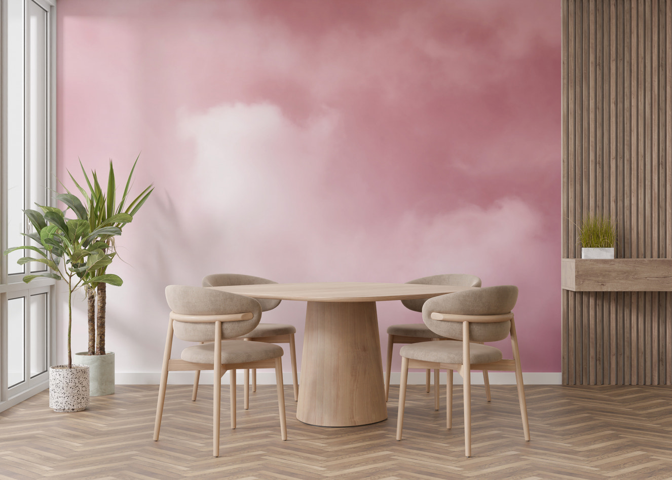 Dreamy misty pink clouds mural for serene bedroom decor.