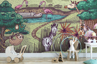 Jungle animals wall mural with colorful and playful designs.
