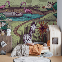Tales of jungle animals mural for adventurous wall decor.
