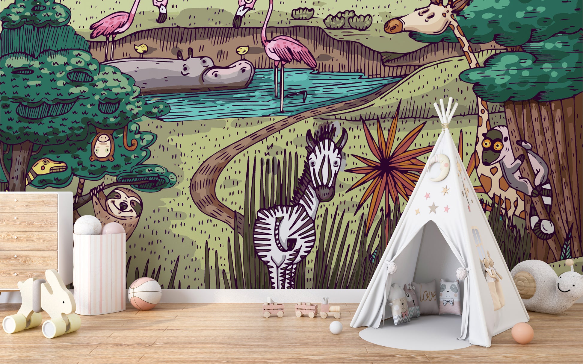 Tales of jungle animals wall mural with playful wildlife scenes.

