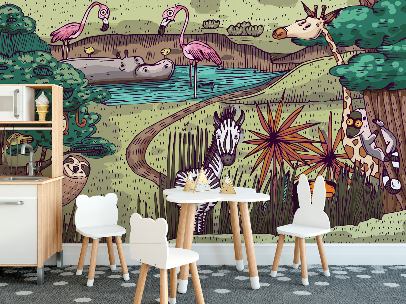 Vibrant jungle animals mural for lively kids' room decor.