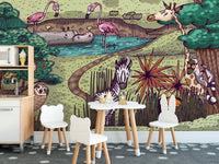 Vibrant jungle animals mural for lively kids' room decor.

