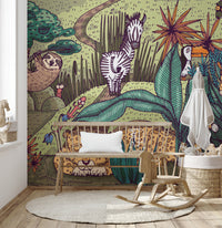 Dynamic tropical jungle mural with rich, vibrant details.
