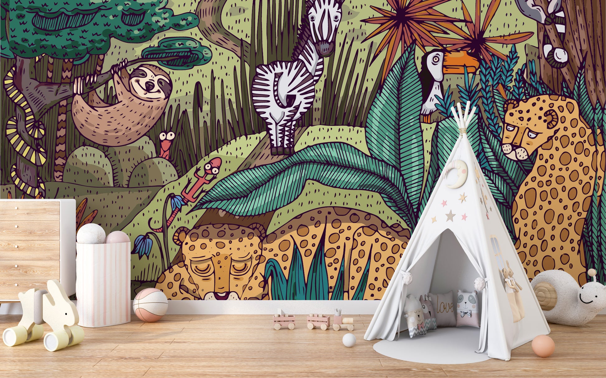 Tropical jungle mural bringing an exotic vibe to interiors.
