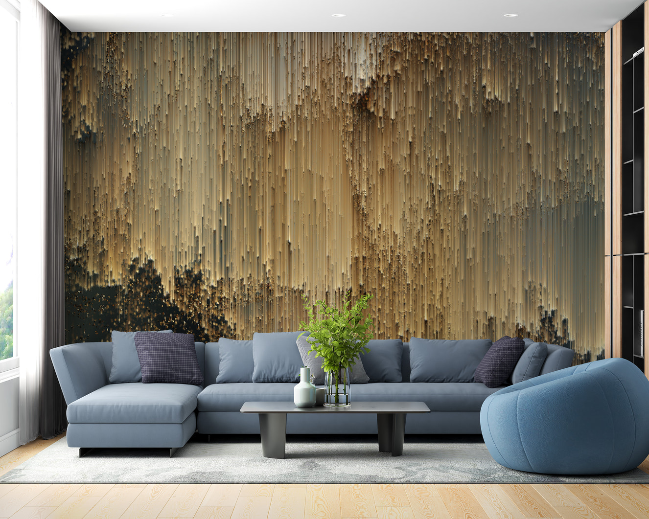 Luxurious golden pixel mural for stylish removable wall decor.