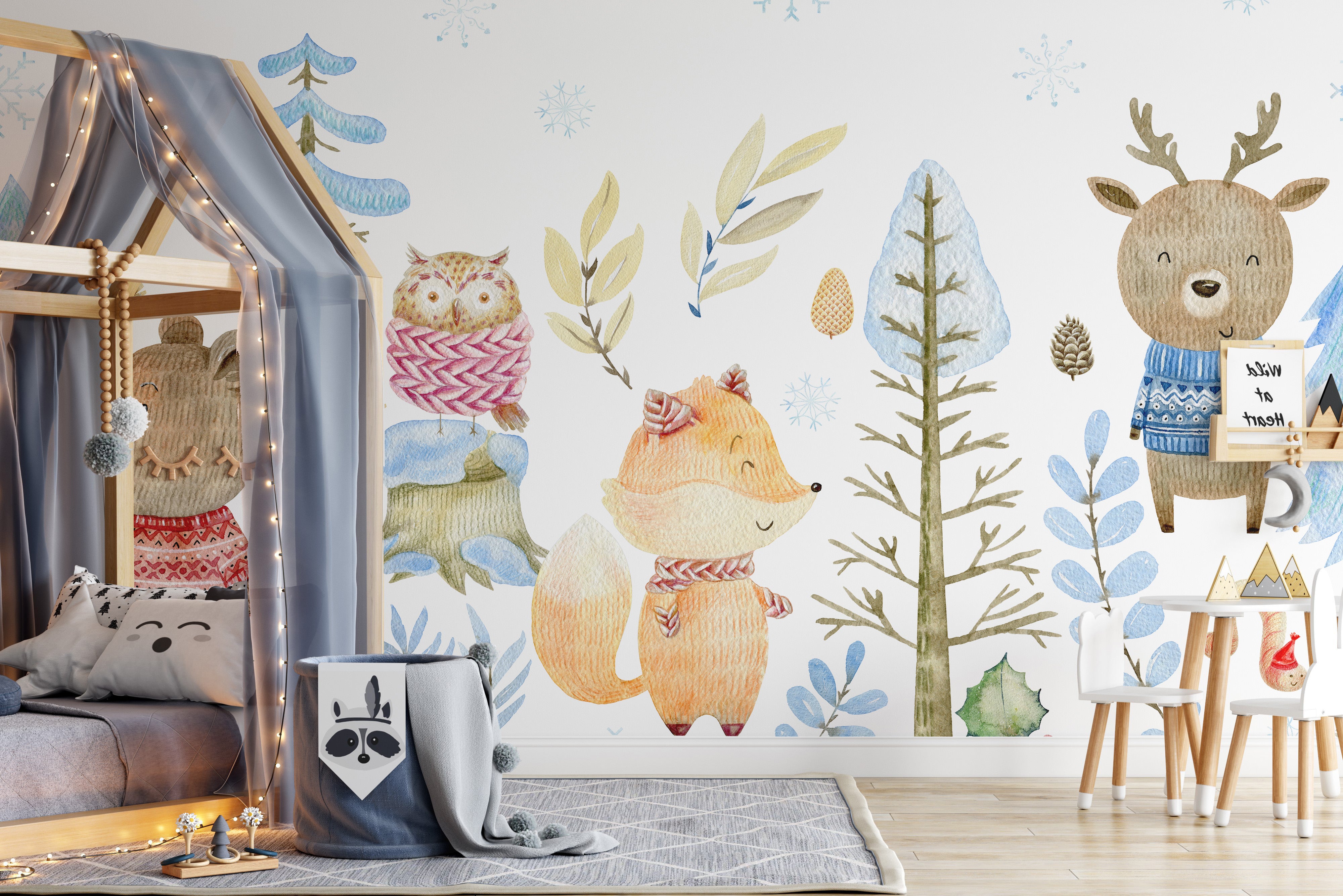 Captivating mural of wildlife in a serene winter wonderland.