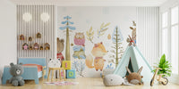 Serene winter wonderland mural with majestic forest animals.

